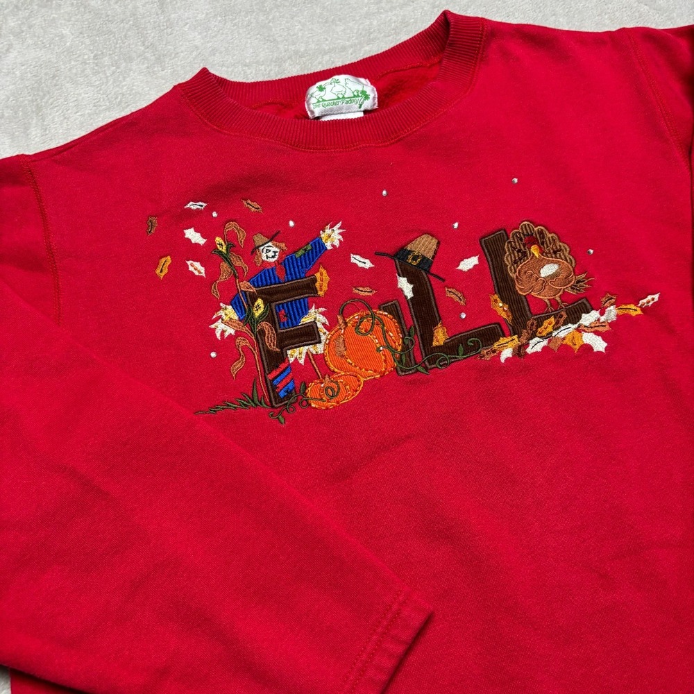Vintage Quacker Factory Sweater Womens M Fall Pumpkin Turkey‎ Embroidered Red